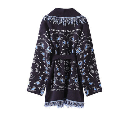 Tassel Patchwork Printed Cardigan Women Geometric Patterns Belts V-neck Long Sleeve Knitted Street Lady Sweater 2025 Autumn Coat - Smarsty