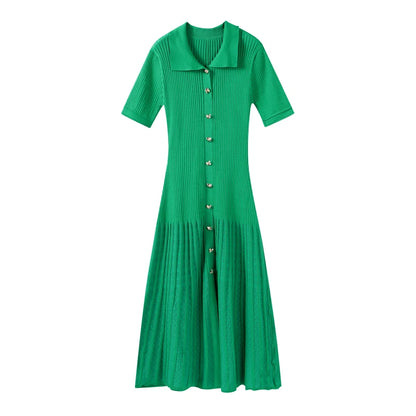 Elegant Knitted Dress Women Solid Single Breasted O Neck Short Sleeve High Waist Hip Package Dresses 2025 Autumn Chic Robes Lady