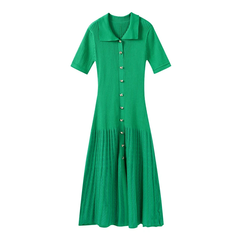 Elegant Knitted Dress Women Solid Single Breasted O Neck Short Sleeve High Waist Hip Package Dresses 2025 Autumn Chic Robes Lady