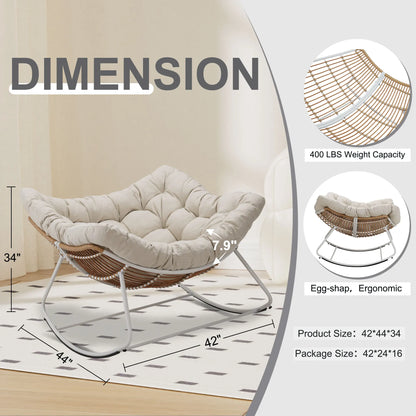 Outdoor Rocking Chair, Patio Wicker Egg Chair, Indoor Comfy Oversized Papasan Chair with Padded Cushion for Front Porch, Garden