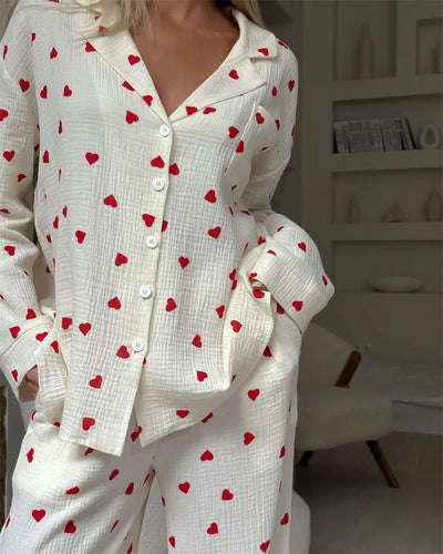 Summer New Love Heart Print Pyjama 100% Cotton Long Sleeve Set 2Pcs Outfit Lapel Sleepwear Button Down Women's Pajamas Nightwear - Smarsty