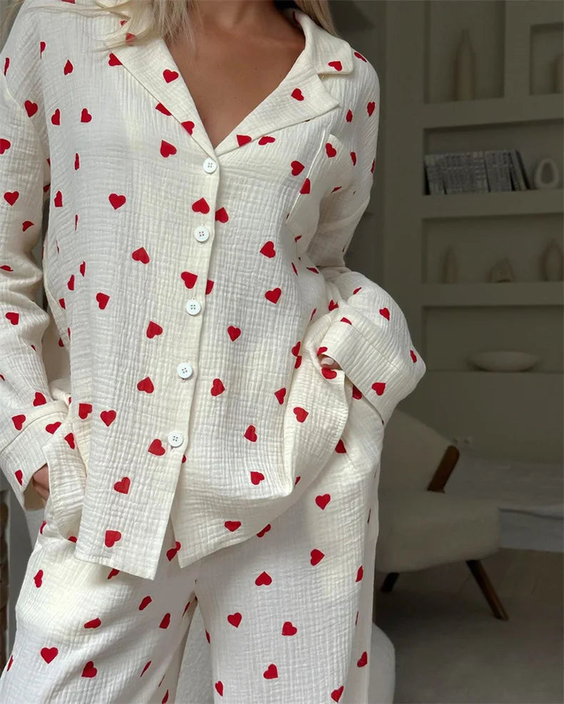 Summer New Love Heart Print Pyjama 100% Cotton Long Sleeve Set 2Pcs Outfit Lapel Sleepwear Button Down Women's Pajamas Nightwear - Smarsty