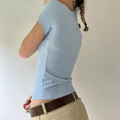 Sweetown Blue Stripe Short Sleeve Shirts For Women Button Up Turn Down Collar Slim Simple Casual Preppy Tops Basic Summer Tees - Smarsty