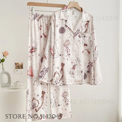 Fashion Print Flower 2PCS Pajamas Set Women Sleepwear Spring Summer Trouser Suits Lounge Wear Loose Satin Homewear Pijamas Suit - Smarsty