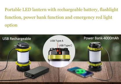 Rechargeable LED Camping Light 1000LM Lantern Flashlight 6 Modes 4000mAh Power Bank for Power Outage Hurricane Outdoor Hiking