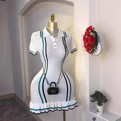YuooMuoo Chic Fashion Sexy Package Hips Knitted Mini Dress 2025 Summer Vintage Turn-down Collar Ruffled Party Dress Streetrwear - Smarsty