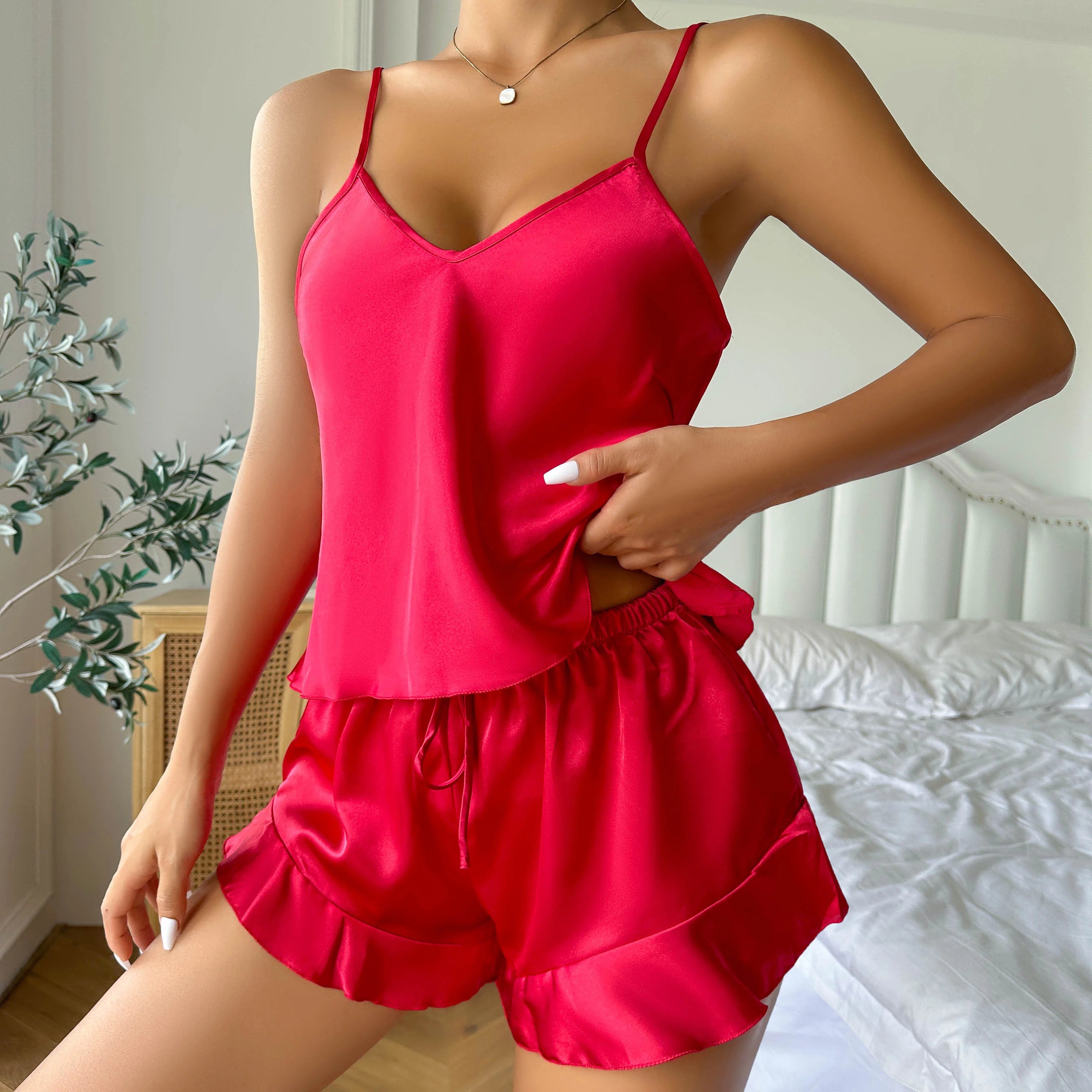 Simple Satin Pajama Set Long Sleeve Belted Robe  V Neck Cami Top And Shorts Women's Sleepwear - Smarsty