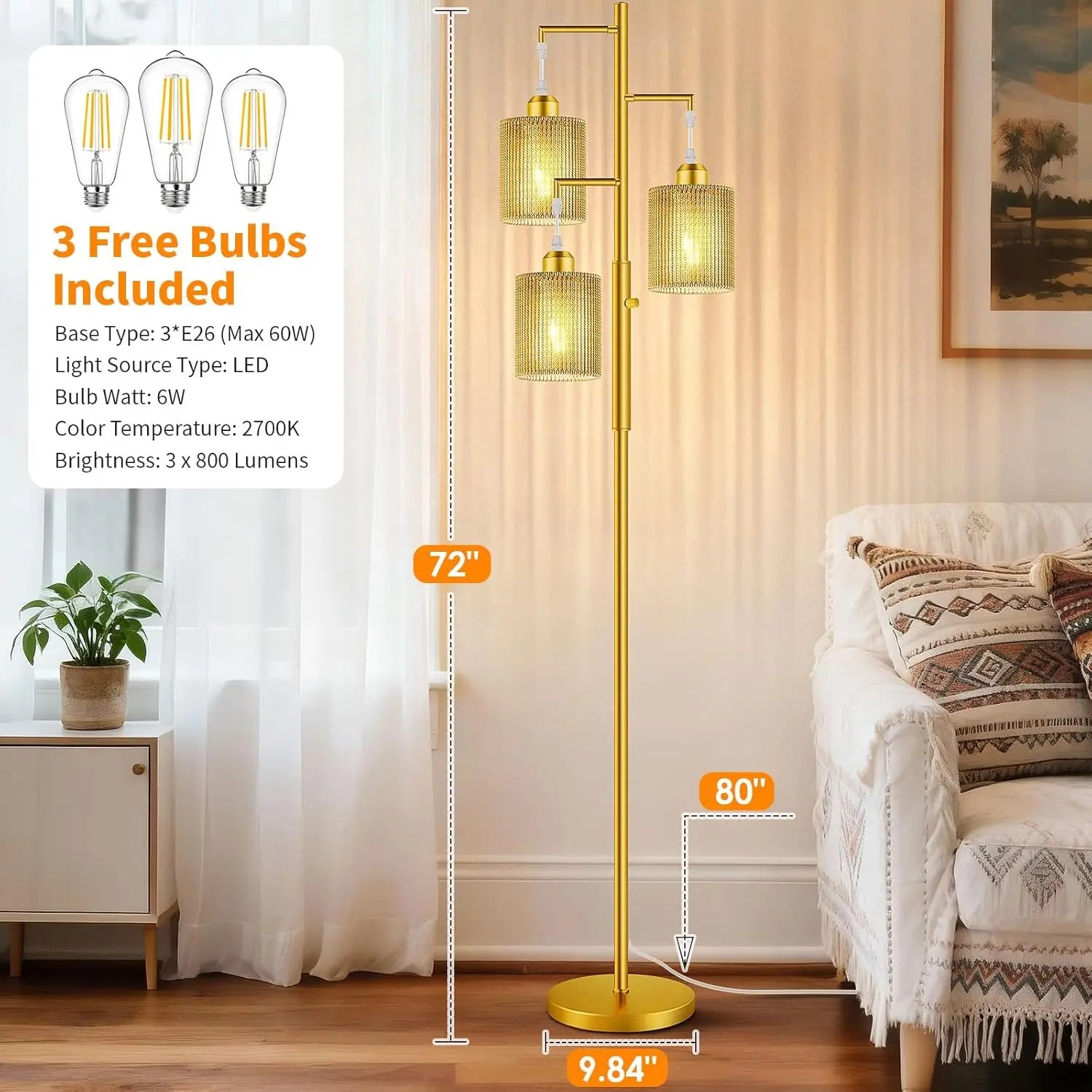 all Dimmable Rattan Floor Lamp with Beige Shade, Industrial Tree Design for Living Room, Bedroom, Office - Includes 3 LED Bulbs