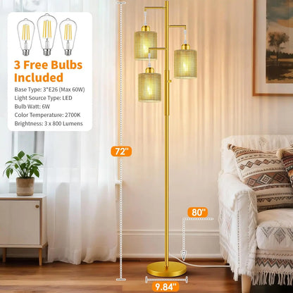 all Dimmable Rattan Floor Lamp with Beige Shade, Industrial Tree Design for Living Room, Bedroom, Office - Includes 3 LED Bulbs