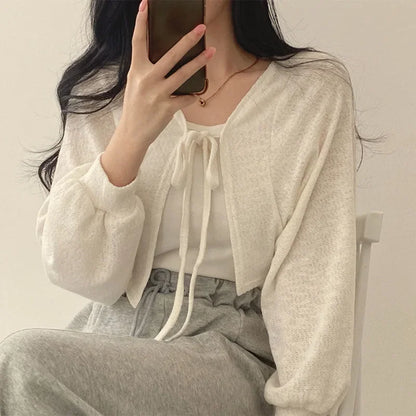 White Knitted Cardigan for Women Summer Thin Sunscreen Lace-Up Knitwear Tops Female Fashion Korean Lantern Sleeve Short Coat - Smarsty