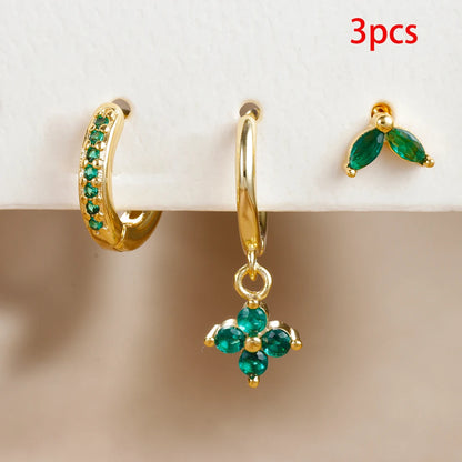 Green Zircon Flower Dangle Earrings Set for Women Fashion Jewelry - Smarsty