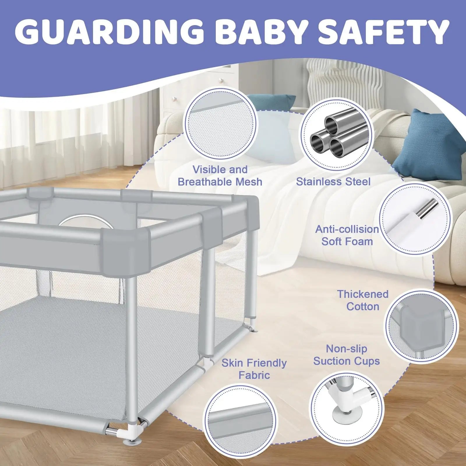 ANGDUO Baby Playpen 50*50 Inch Baby Play Yard With Soft Breathable Mesh Play Fence Infant Playard For Boy And Girls Light Gray