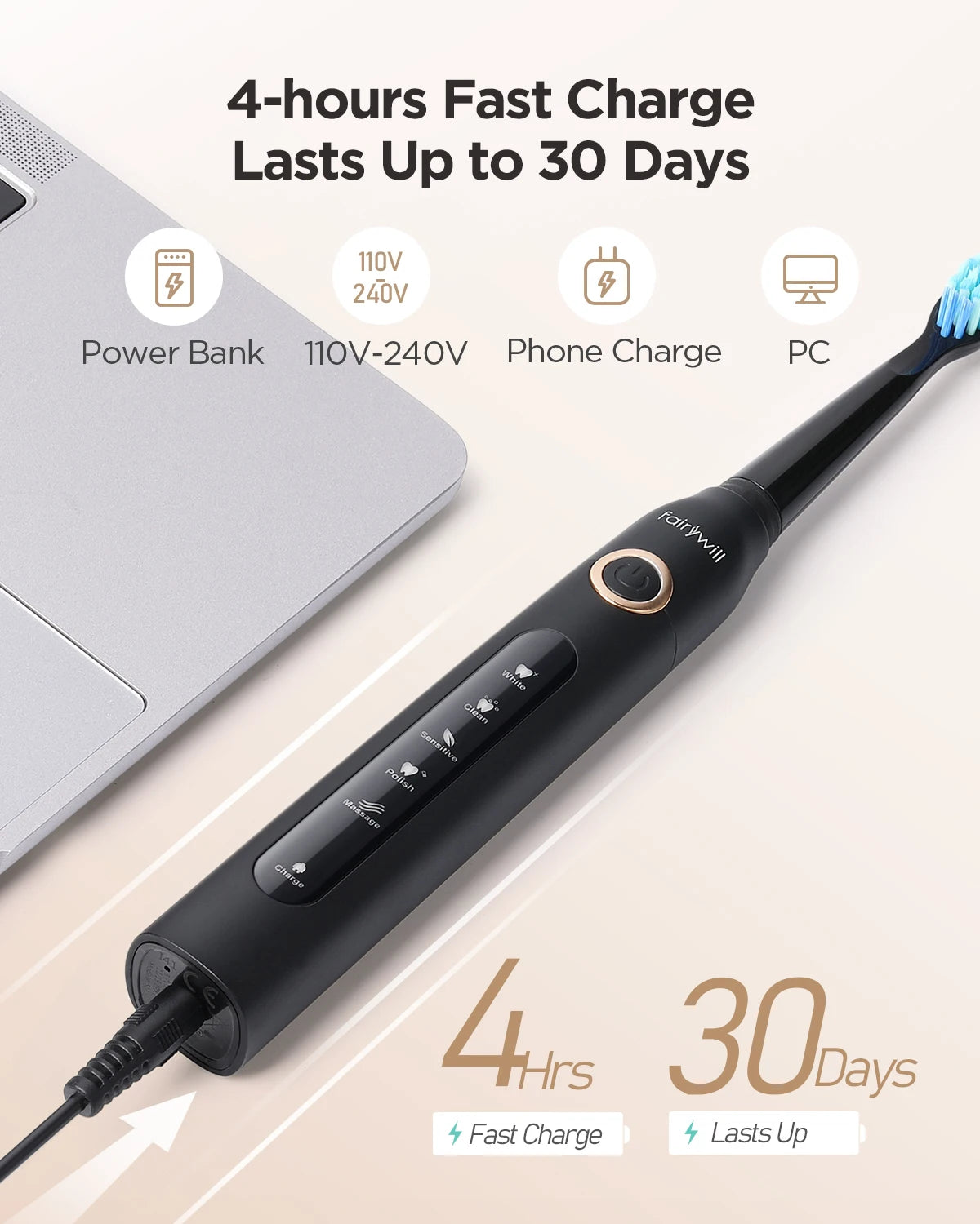 Fairywill Sonic Electric Toothbrush FW-D7 set USB Charge Toothbrushes case for Adult with tooth brush Heads 5 Mode Smart Time - Smarsty