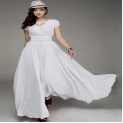 Women's Short-Sleeved Chiffon Evening Dress, Female Party Dress, Monochromatic, Bohemian, Long, Elegant, New, 2022 - Smarsty