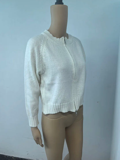 Autumn Winter Short Knitting Cardigan Women Solid Color Long Sleeve Round Neck Sweater Jacket 2025 Casual Zipper Sweater Coats - Smarsty