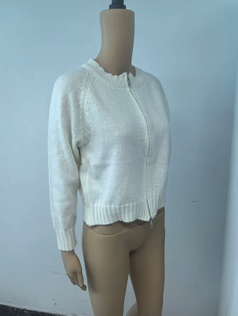 Autumn Winter Short Knitting Cardigan Women Solid Color Long Sleeve Round Neck Sweater Jacket 2025 Casual Zipper Sweater Coats - Smarsty
