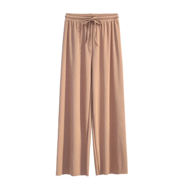 Women Ankle-Length Wide Leg Pants Casual Summer Solid Elastic Waist Loose Ice Silk Pants Spring Summer Female Trousers - Smarsty