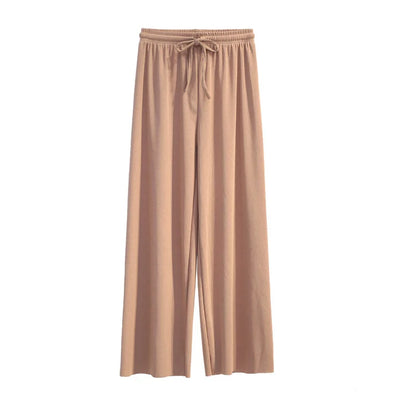 Women Ankle-Length Wide Leg Pants Casual Summer Solid Elastic Waist Loose Ice Silk Pants Spring Summer Female Trousers - Smarsty