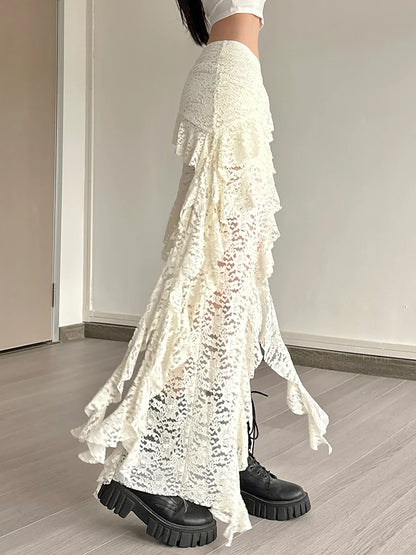 Nibber Tassels Women Skirts Irregular Hem Multi-Layered Ruffles Lace Patchwork Sweet Summer Trend Daily Skinny Versatile Bottoms - Smarsty