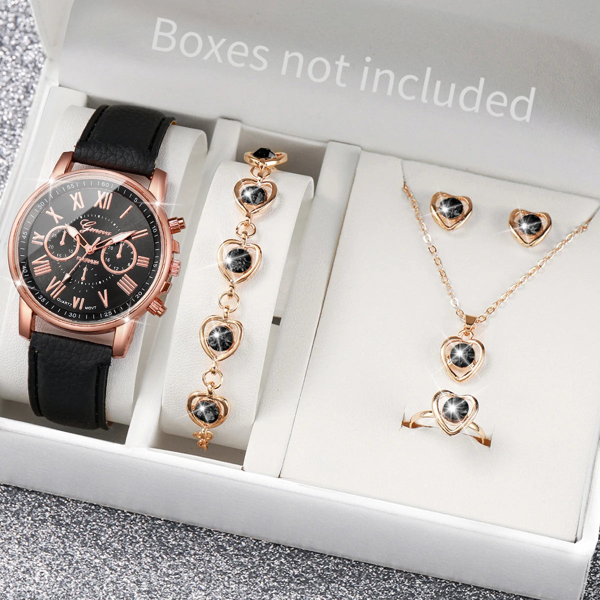 5/6PCS Fashion Women's Quartz Watch Leather Band Analog Wrist Watches Heart Rhinestone Jewelry Set(Without Box) - Smarsty