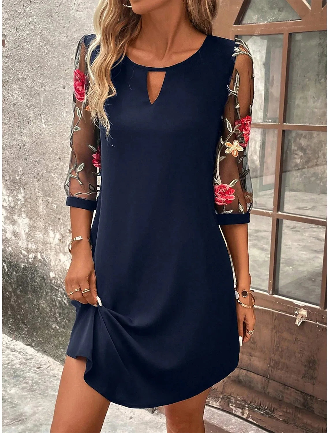 Luxury Dress Women's Perspective Mid Sleeve Printed Round Neck Mini Skirt Summer Party Dress - Smarsty