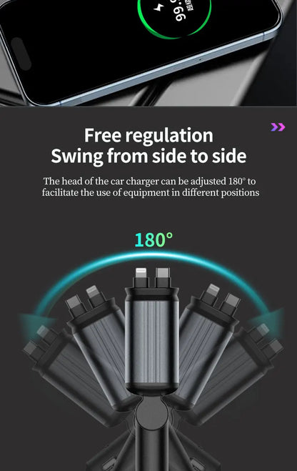5-in-1 180W Car Fast Charger USB Type-C Power Adapter Retractable Phone Charger With Roof Starlight For IOS Android Phones - Smarsty