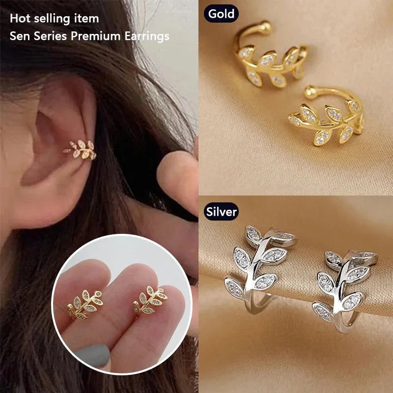 Cute Metal Leaf Earcuff Clip Earrings Comfy No Piercing - Smarsty