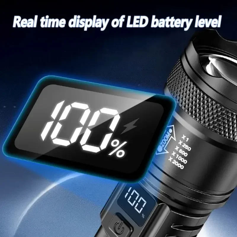 Rechargeable LED Flashlight Zoomable Torch with LCD Display 3 Modes Waterproof High Power Hand Light Outdoor Wilderness Camping - Smarsty