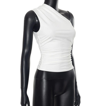 Solid Color One Shoulder Backless Shrink Tank Top T-Shirt Candy Color Tight Sexy Sleeveless Neckless Slim Casaul Top