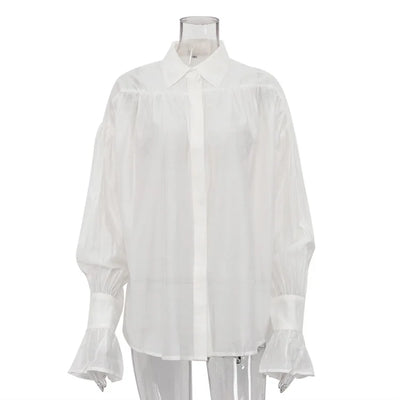 Tossy Casual Loose See-Through Shirts Women's Autumn Lapel Long Sleeve Patchwork Blouse Top Streetwear Female Solid Shirts Top - Smarsty