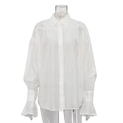Tossy Casual Loose See-Through Shirts Women's Autumn Lapel Long Sleeve Patchwork Blouse Top Streetwear Female Solid Shirts Top - Smarsty