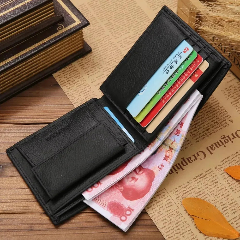 Genuine Leather Mens Wallet Premium Product Real Cowhide Wallets For Man Short Black Wallet Portefeuille Homme Short Purses - Smarsty