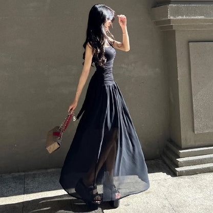 WhereMery Elegant Slip Long Dresses Sexy Women Ruched Bodycon Solid Maxi Dress Spring Y2K Summer Temperament High-waist Vestidos - Smarsty