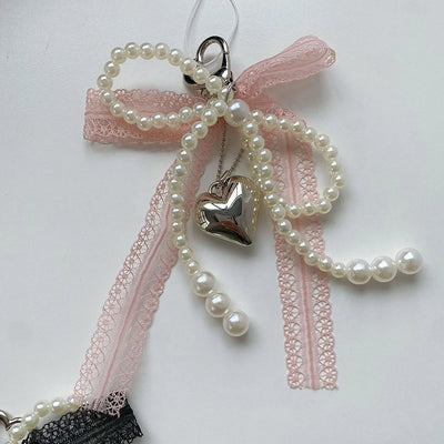 2025 New Sweet Pearl Bow Keychain Heart Lace Pendant Car Keychain Korean Y2K Beauty Girl Bag Pendant Accessory Gift - Smarsty