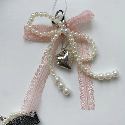 2025 New Sweet Pearl Bow Keychain Heart Lace Pendant Car Keychain Korean Y2K Beauty Girl Bag Pendant Accessory Gift