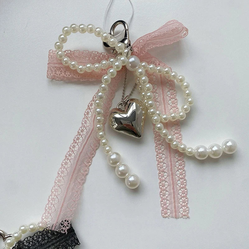 2025 New Sweet Pearl Bow Keychain Heart Lace Pendant Car Keychain Korean Y2K Beauty Girl Bag Pendant Accessory Gift