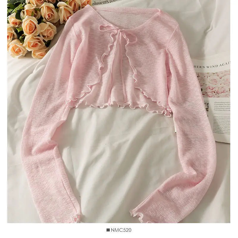 Women Frenum Cardigan Blouses and Tops Bow Lace Up Long Sleeve Crop Top Female Elegant Shirt Thin Aesthetic Clothes Korean Style - Smarsty