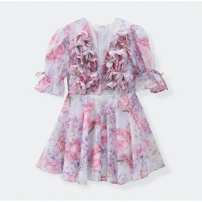 Women Mesh Patchwork Flower Print Mini Dress Elegant V-neck Short Sleeve High Waist A-line Dresses 2025 New High Street Vestidos - Smarsty