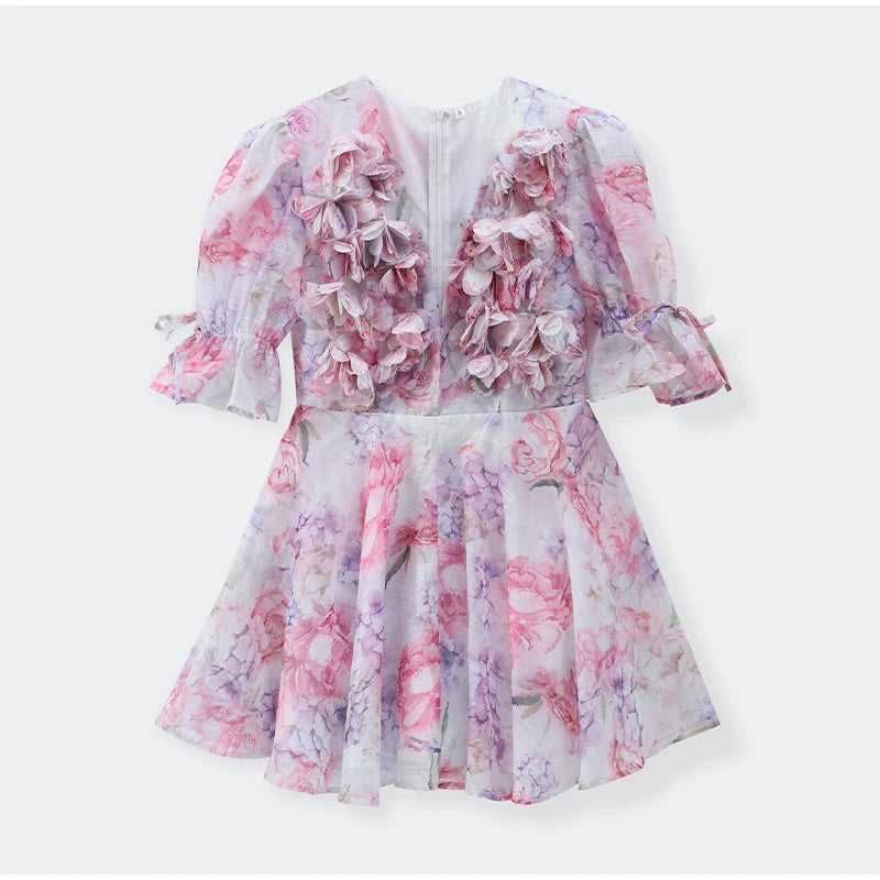 Women Mesh Patchwork Flower Print Mini Dress Elegant V-neck Short Sleeve High Waist A-line Dresses 2025 New High Street Vestidos - Smarsty