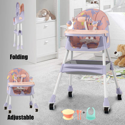 Foldable Baby High Chair 4-in-1 Foldable Reclining Feeding Table Chair Seat 7 Heights With Toyrack Easy To Clean Feeding