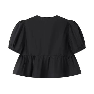 MUJER Ruffle Blouses Woman Puff Sleeve Shirts and Blouses for Women White Black Ruched Crop Top Female Ruched Women's Blouse - Smarsty