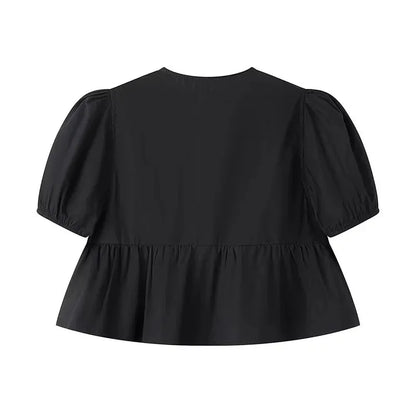 MUJER Ruffle Blouses Woman Puff Sleeve Shirts and Blouses for Women White Black Ruched Crop Top Female Ruched Women's Blouse - Smarsty