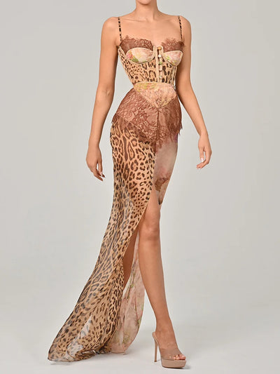 Mozision Leopard Print Lace Split Sexy Maxi Dress Women Gown Elegant Patchwork Chiffon Sleeveless Backless Beach Evening Dress - Smarsty