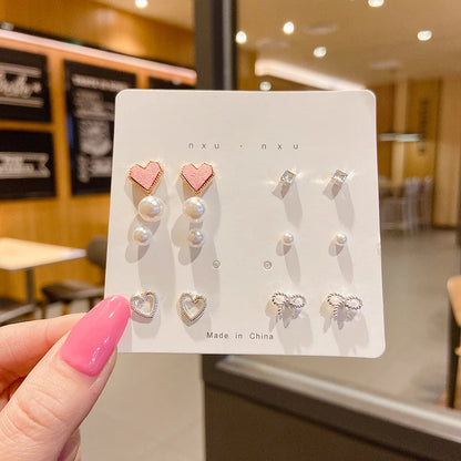 4 Pair Silver Heart Stud Earrings Set Cute Gift Everyday - Smarsty