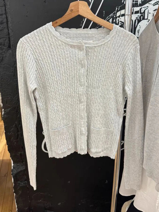 Pockets Twist Flower Knitted Sweater Cardigan O-Neck Single Breasted Long Sleeve Slim Sweaters Vintage Streetwear Gray Crop Tops - Smarsty