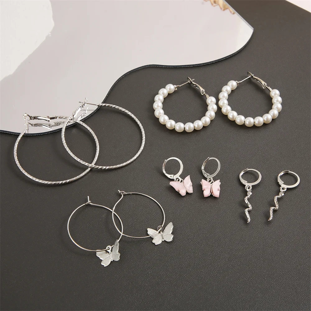 Silver Pearl Hoop Earrings Set For Women Ladies Y2K Style - Smarsty
