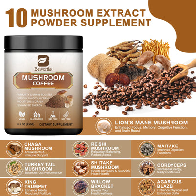 Mushroom Coffee 10 Mushroom Extract - Lion's Mane, Cordyceps, Reishi, Turkey Tail, Chaga, Maitake for energy and immune support - Smarsty