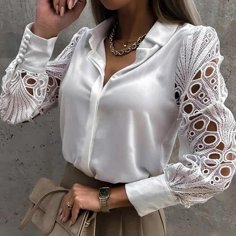 Women's Blouse White blank Elegant V-neck Lace Sleeve Cut-out Patchwork Office Commuter Black Shirt For Female - Smarsty