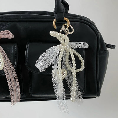 2025 New Sweet Pearl Bow Keychain Heart Lace Pendant Car Keychain Korean Y2K Beauty Girl Bag Pendant Accessory Gift - Smarsty