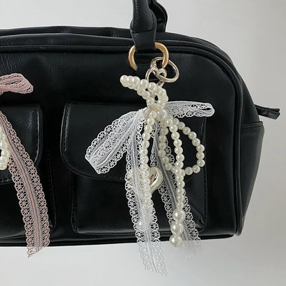 2025 New Sweet Pearl Bow Keychain Heart Lace Pendant Car Keychain Korean Y2K Beauty Girl Bag Pendant Accessory Gift